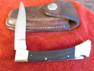 Cuchillo de hoja de bloqueo con mango de madera y latón vintage, funda de cuero marrón, MUY BONITO Foto 1 de 4