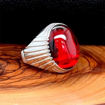 925 Silver Ruby Stone Men Handmade Vintage Ring - Image 1 of 4