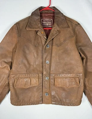 De Colección Marlboro Classics Vera Pelle Chaqueta de Cuero Para Hombre Pequeña Marrón Botón Foto 1 de 4