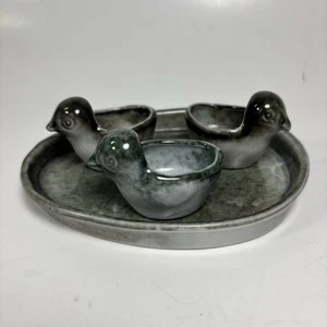 Pottery 3 Birds Mini Planter Cup Egg Shaped Tray Handcrafted Studio Art Vintage - Picture 1 of 13