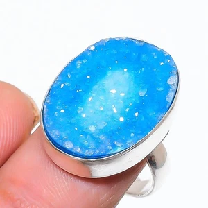 Ring Blue Druzy Gemstone 925 Sterling Silver Jewelry Size Adjustable z622 - Picture 1 of 2