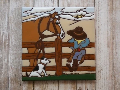 Azulejo de arte de cerámica Earthtones 6"x6" Western Ranch Country vaquero caballo perro O60 Foto 1 de 4