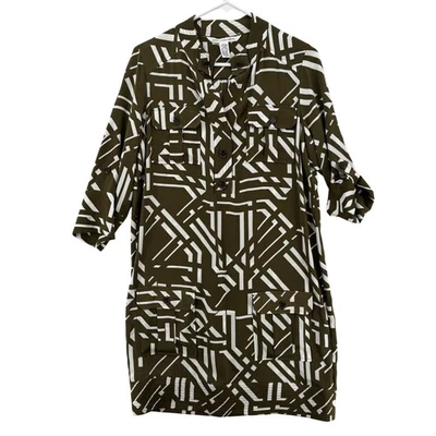Diane von Furstenberg Dress Womens 8 Green White Silk Geometric Print Pockets - Image 1 of 4
