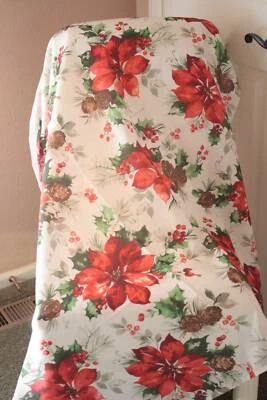White Poinsettia Christmas Fabric Tablecloth Square 51x52.5" Holly Berries - Image 1 of 2