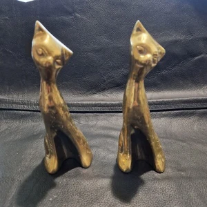 Vintage Pair Indian Brass Cats 6" Mid Century Modern - Picture 1 of 8