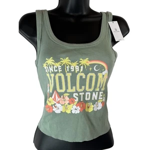 VOLCOM Fantasy Crop Tank Top Sz XS Green Cut Off Beach Moon Graphic Cali Cotton - Picture 1 of 7