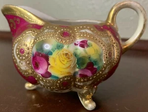 ANTIQUE ORIENTAL CHINA NIPPON 3 FOOT MORIAGE Creamer Roses Gold Pink VTG Pitcher - Picture 1 of 12