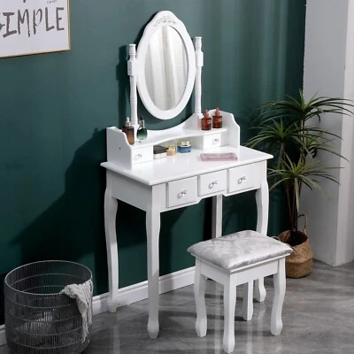 Dressing Table 5 Drawer Makeup Desk Dresser w/Mirror and Stool Bedroom White - Image 1 of 4