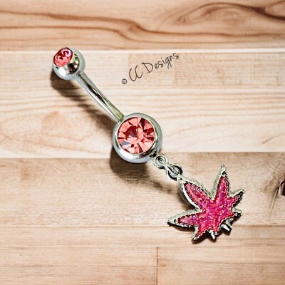 14g Rosa Circonita Cuelga Rosa Brillo Olla Marihuana Hoja Vientre Anillo (B91) Foto 1 de 3