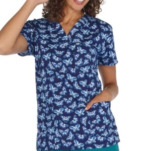 NWT Women's XL Blue Butterfly Print I Love Scrubs Scrub Top - Picture 1 of 1
