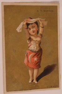 Victorian Trade Card H.T. Burpee Zahnarzt junges Mädchen goldener Hintergrund Vintage 2 - Bild 1 von 2