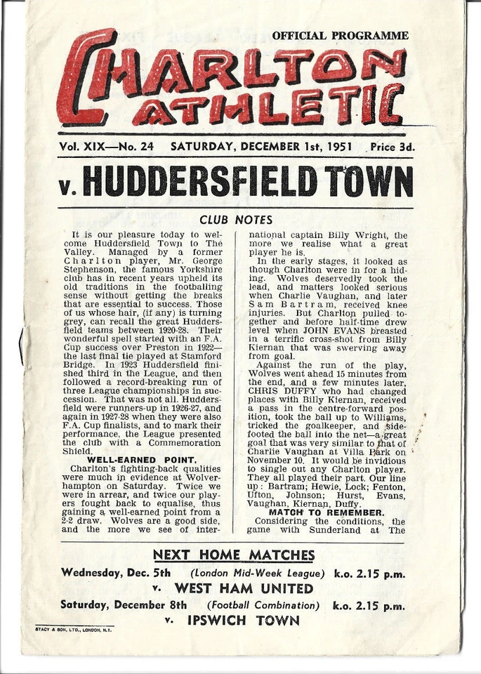 Charlton Athletic V Huddersfield Town 1/12/1951 - Image 1 of 1