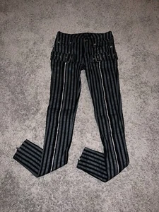 Women's Tripp NYC Daang Goodman Black Gray Striped Punk Pants Goth Skulls Zipper - Picture 1 of 11