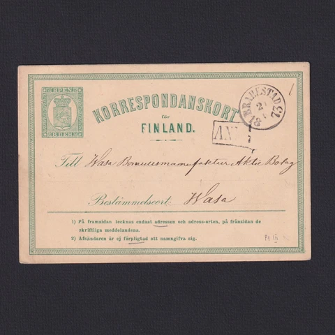 FINLAND 1871, Mi #P1 III, Postal card from Brahestad (Raahe) to Vaasa Cover