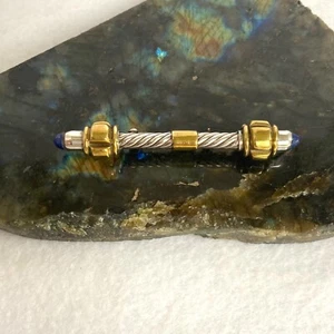 Sterling Silver 925 Brass 2.80" Blue Gemstone Twisted Rope Bar Brooch 21g - Picture 1 of 17
