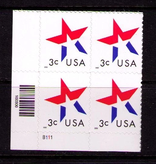 US USA Sc# 3613 MNH FVF PLATE # BLOCK  Star Red White Blue Date Lower Left - Image 1 of 1