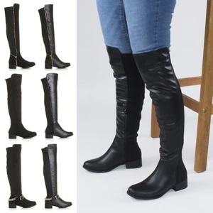 MUJERES DAMAS TACÓN BAJO PLANO CREMALLERA CADENA ELÁSTICO ALTO POR ENCIMA DE LA RODILLA BOTAS TALLA - Imagen 1 de 21