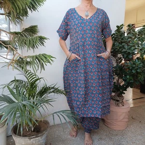 Palladio Suit Cotton Blue & Red Block Print Trousers & Top Size 10 To 16  - Picture 1 of 14