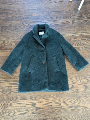 zara girls wool blend pea coat size 6-7 years hunter green two button closure  - Image 1 of 4