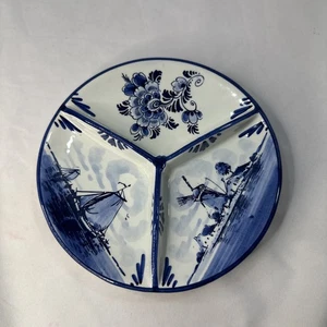 Delft Holland Blue Floral Ships Windmill Divided 7.25” Trinket Candy Dish Bowl - Picture 1 of 10