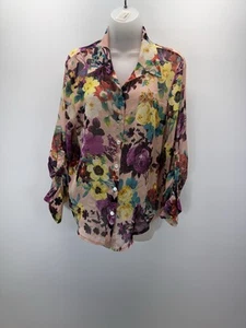 Living Doll Floral Flower Long Sleeve Button Up Shirt Top Adult Women's M Medium - Picture 1 of 7