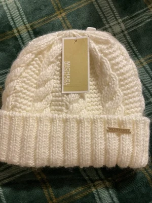 NUEVO ~ Gorro Michael Kors Inglés Tejido con Cable, Talla Única Blanco Crema ~ Mujer Foto 1 de 4