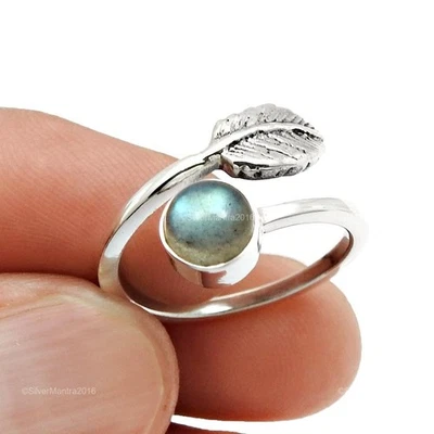 Rotondo Naturale Labradorite Argento Sterling Massiccio Da Anello Foglia Jewelry - Immagine 1 di 4