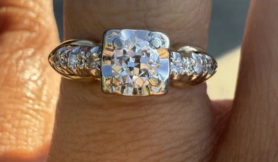 Antiguo anillo de compromiso de boda vintage de diamantes solitario talla europea YG Foto 1 de 4