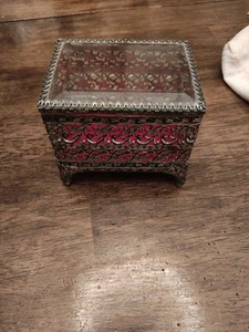 Vtg Footed Brass Trinket Box Ornate Glass Lid Jewelry Red Velvet Lining - Picture 1 of 3