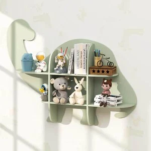 Kids Bookshelf 2-Tier Wooden Hanging Bookcase Wall-Mounted Dinosaur Book Shelf - Picture 1 of 10