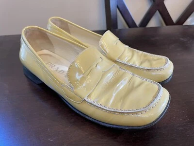 Prada Square Toe Muted Yellow Patent Leather Penny Loafer 36.5 Women’s US 6 Y2K - Image 1 of 4
