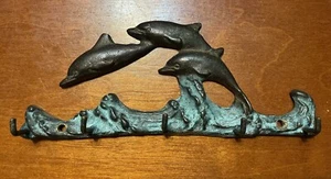 Three dolphin jumping out of waves wall hooks ,hanger heavy metal ,five hooks - Picture 1 of 5