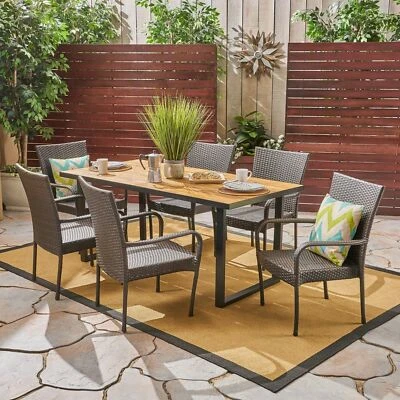 Fern Outdoor 6-Seater Rectangular Acacia Wood and Wicker Dining Set - Image 1 of 4
