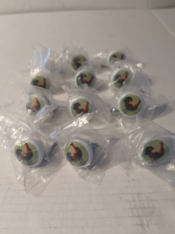 Lot Of 12 Porcelain Rooster Door Handles, New w/ Screws Cover