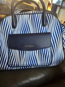 Vera Bradley Bowler Satchel Handbag Purse In Wavy White Stripe and Navy - Picture 1 of 9