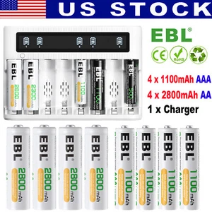 EBL 4Pcs 2800mAh AA + 4Pcs 1100mAh NiMH AAA Rechargeable Batteries with Charger - Picture 1 of 16