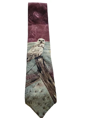 Endangered Species Snow Owl 100% Silk Tie Maroon 4” W 58” L - Image 1 of 4