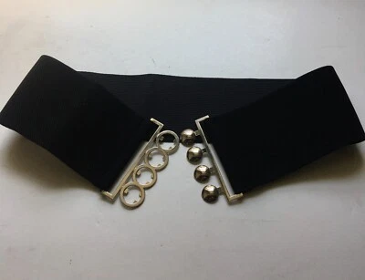 Womens Black Wide Elastic Waist Belt w/ Silver Plated Metal Clasps 3"W x22"L - Image 1 of 3