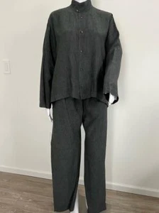 ESKANDAR Blueish Charcoal 100% Linen Unlined Shirt Jacket PO Pantsuit Duo Sz 1&2 - Picture 1 of 11