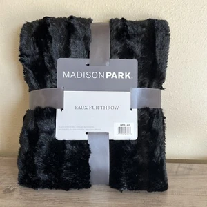 Madison Park Faux Fur Throw Blanket 50x60 Black Brushed Soft NEW - Picture 1 of 9