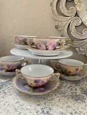 6 Limoges Antique Soup Two Handle Cup W Saucers Hand Painted Gold Trim Roses