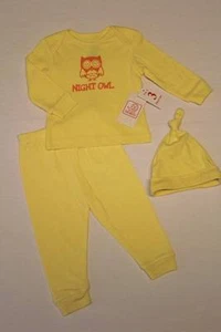 NEW Baby Boys 3 pc Layette Set 6 - 9 Mos Shirt Pants Hat Outfit Night Owl Yellow - Picture 1 of 2