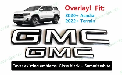 SUPERPOSICIÓN Delantero Trasero Brillo Negro Blanco GMC Emblema Ajuste 2020+ Acadia 2022+ Terreno Foto 1 de 4