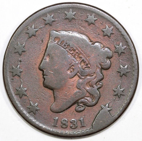 1831 1c N-12 Matron Head Large Cent *Pyramid Die Break* Cover