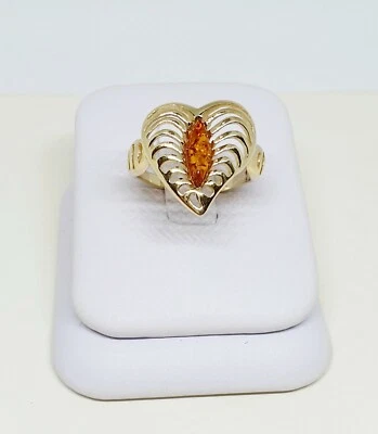 Cognac Baltic Amber Ring-925 Sterling Silver-14k Gold Plated-L 1/2 UK Size-6 US - Image 1 of 4