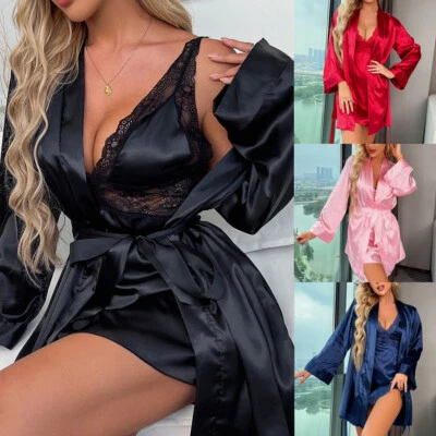 Women's Sexy Satin Lingerie Set Nightgown Dress and Robes Set Babydoll Sleepwear - Image 1 of 4