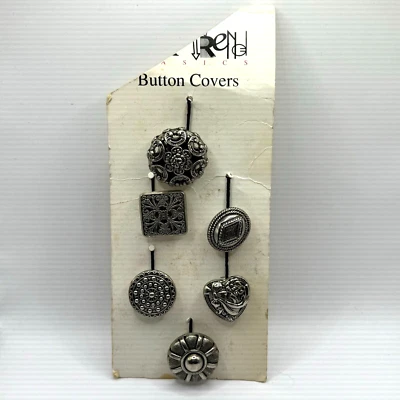 Vintage New Button Covers Silver Tone W/Black Wash Set 6 Heart Filigree Metal - Image 1 of 4
