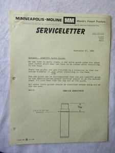 Minneapolis Moline G1000 G900 M670 Tractor Valve Guides Service Letter Brochure - Picture 1 of 2