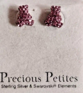 Precious Petites Girls Sterling Silver Light Rose Crystal Teddy Bear Earrings - Picture 1 of 2