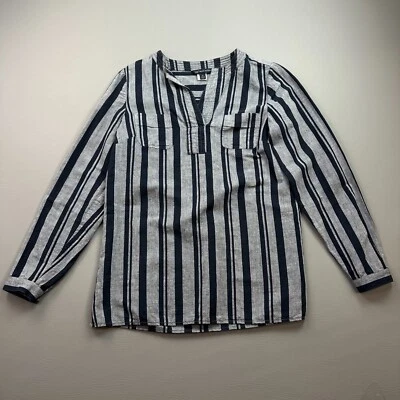 Женская рубашка Brooks Brothers 346 8 серая синяя в полоску льняная блузка с длинным рукавом - Изображение 1 из 4